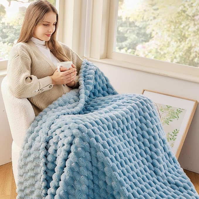 NEWCOSPLAY Super Soft Queen Blanket Blue Premium Silky Flannel Fleece 3D Clouds Stylish Jacquard Lightweight Bed Blanket All Season Use 350GSM (Blue, Queen(90"x90"))