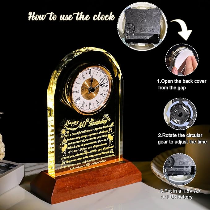 Happy 40th Birthday Glass Clock Gifts for Women, Men - 40 Year Old Birthday Gift with Wooden Light Base for Her Him, Turning 40 Quartz Clock Gift Idea for Mom Dad Unique Keepsake