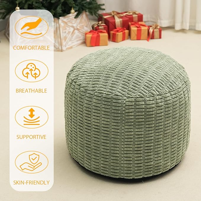Round Stuffed Pouf Ottoman for Foot Rest, Storage Ottoman Pouf Foot Stool Cushion, Faux Fur Poufs with Foam Chunk Filling, 20 X 15 Inch Floor Chair for Living Room Bedroom Home Decor, Green