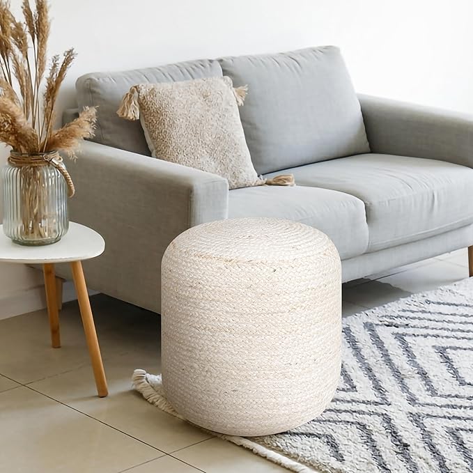 Palisa Jute Pouf Ottoman - Ivory, Boho Foot Rest Stool with Filler for Sofa, Kids Bedroom, Living Room, Outdoor Seat | Hand Woven Comfy Décor Chair Pouffs - 16x16x18 Inches