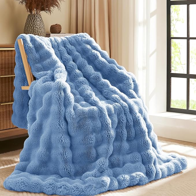 L'AGRATY Faux Fur Throw Blanket: 60" x 80" Luxury Soft Fluffy Rabbit Fur Blankets Twin for Couch Bed Sofa - Cozy Plush Bubble Blankets for Winter: Flannel Fleece Decorative Blanket(Airy Blue)