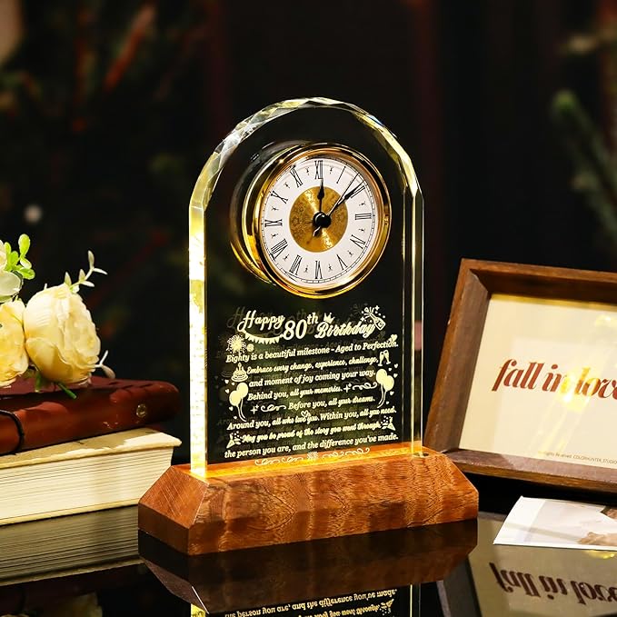 Happy 80th Birthday Glass Clock Gifts for Women, Men - 80 Year Old Birthday Gift with Wooden Light Base for Her Him, Turning 80 Quartz Clock Gift Idea for Mom Dad Unique Keepsake