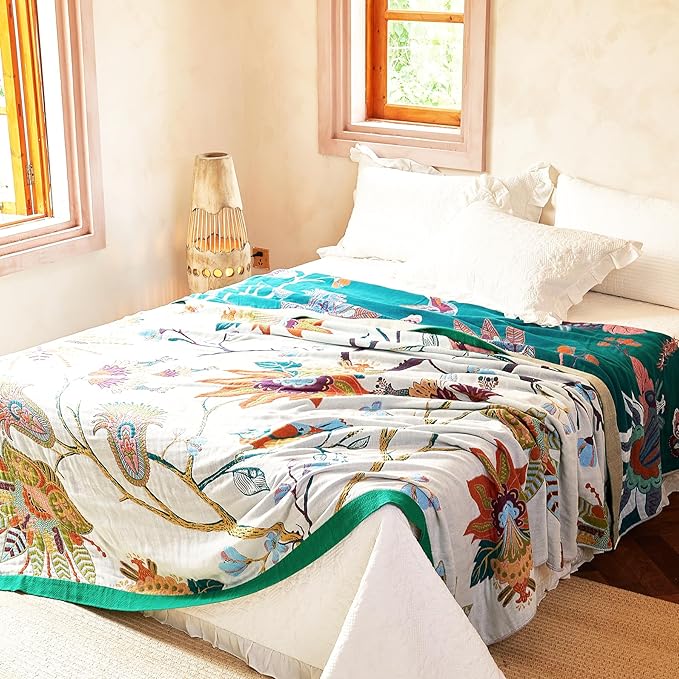 Boho Throw Blanket, 100% Organic Cotton Breathable Skin-Friendly Ultra Soft Bed Quilt Throw - All Season Floral Bird Farmhouse Décor Luxury Blanket for Sofa Couch Chair and Gift. 60" x 80"