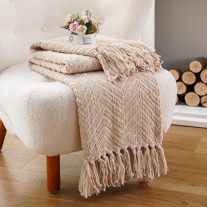 BATTILO HOME Beige Throw Blanket for Couch, Knitted Beige Throw for Bed, Neutral Throw Blankets Tan Throw Blanket for Room Decor Housewarming Gifts, 50" x 60"