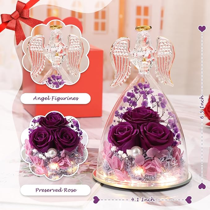 Mothers Day Flower Gifts for Mom,Angel Rose Gifts for Women,Glass Angel Figurine with Preserved Three Purple Roses,Forever Flowers Mothers Day Birthday Gifts for Women Mom Grandma Wife Her