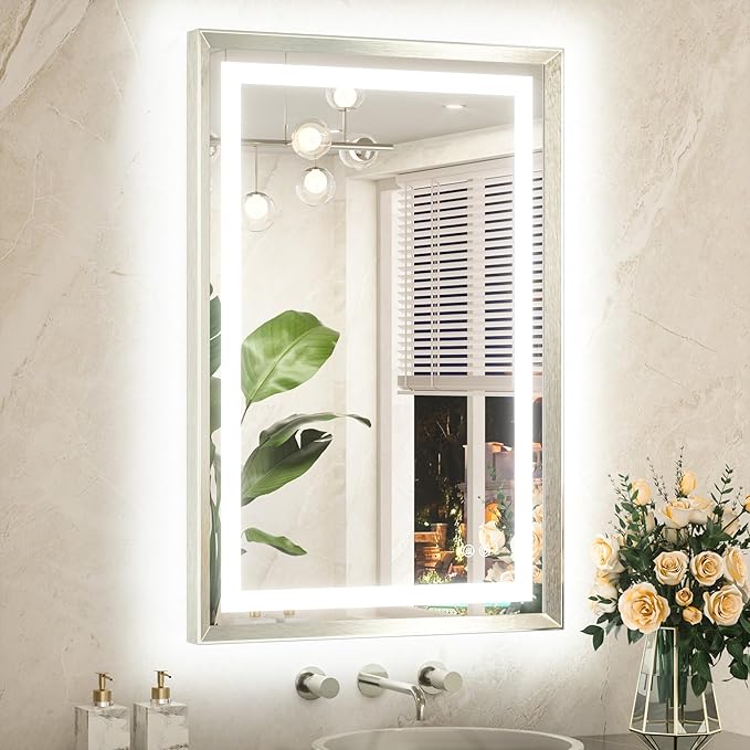 TETOTE 24 x 36 Bathroom LED Mirror Brushed Bright Nickel Metal Frame Frontlit & Backlit Vanity Mirror Anti-Fog Stepless Dimmable 3 Colors White/Warm/Natural Mirror with Lights Wall-Mounted
