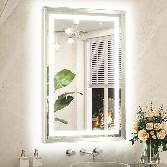 TETOTE 24 x 36 Bathroom LED Mirror Brushed Bright Nickel Metal Frame Frontlit & Backlit Vanity Mirror Anti-Fog Stepless Dimmable 3 Colors White/Warm/Natural Mirror with Lights Wall-Mounted