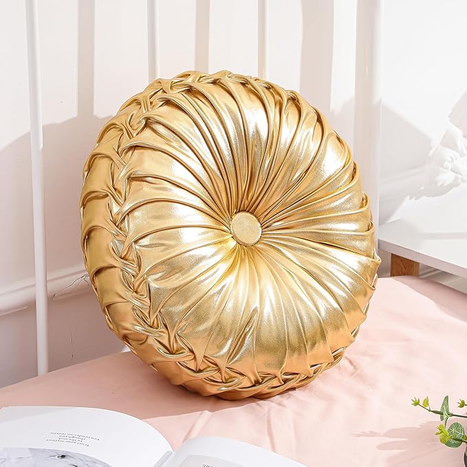 1 Pcs Round Throw Pillows Decorative Polyester Pleated Throw Pillows 15'' Diameter Accent Pumpkin Boho Chair Cushion for Couch Sofa Home Decoration (Gold)