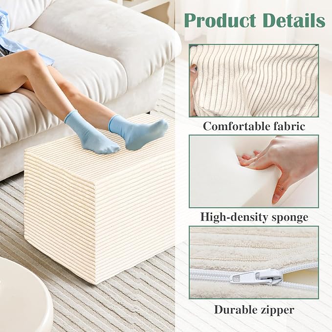 Rectangular Stuffed Pouf Ottoman with Foam Chunk Filling, Coral Fleece and Furry Fabric Design, Multi-Functional Floor Pouf for Living Room, Beige