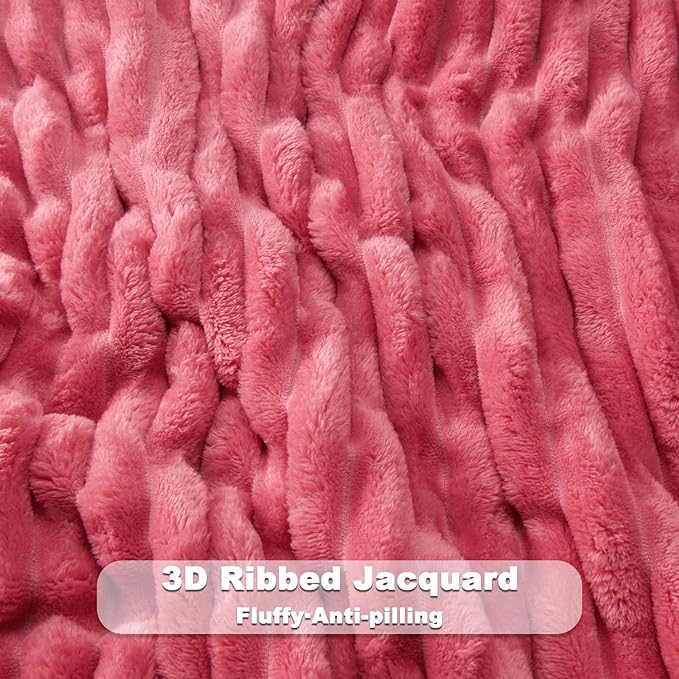 NEWCOSPLAY Super Soft King Blanket Coral Pink Premium Silky Flannel Fleece 3D Ribbed Jacquard Lightweight Bed Blanket All Season Use (Coral Pink Ribbed, King(90"x110"))