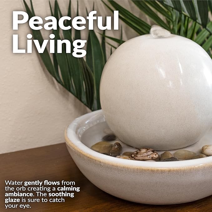 Sunnydaze Tabletop Ceramic Tabletop Fountain with Orb - Relaxing Indoor Fountain for Meditation - for Office, Bedroom, or Living Room - White