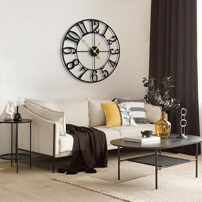 Large Wall Clocks for Living Room Decor, 32 Inch Round Black Metal Silent Non Ticking Battery Operated Jumbo Numerals Modern Vintage Decorative Clock Wall for Bedroom,Kitchen,Office,Farmhouse