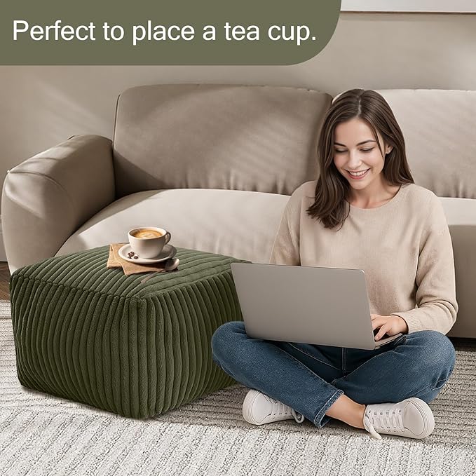 MeMoreCool Square Stuffed Pouf Ottoman Foot Rest, Stripe Furry Floor Pouf Foot Stool with Foam Chunk Filling, Soft Fluffy Stuffed Ottoman Footrest for Living Room, Faux Fur Green
