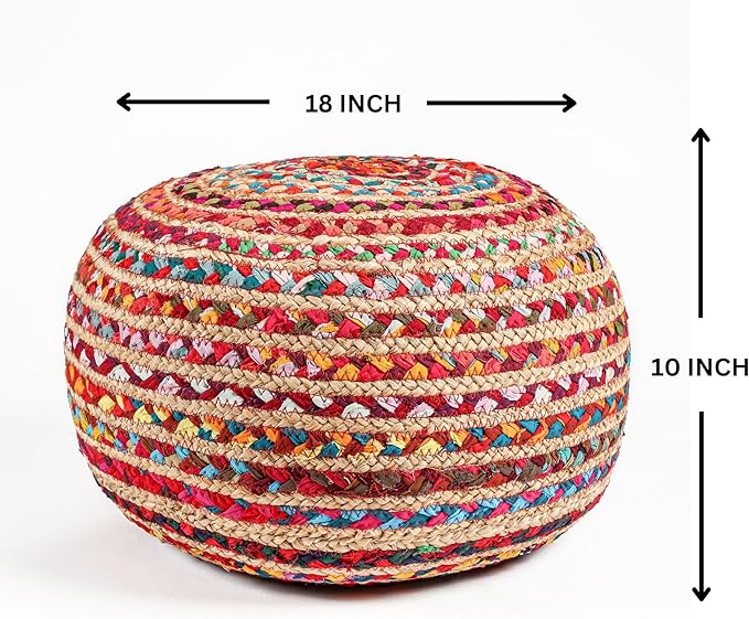 Briaded Round Ottoman Pouf - Boho Pouf Ottoman Foot Rest - Poofs/Ottomans Furniture Decor - Poofy Ottoman for Bedroom - Poufs for Living Room Jute and Cotton - (18"x18"x10")