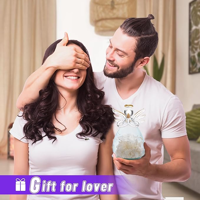 ANLUNOB Preserved Rose Birthday Gifts for Women Mom Grandma Wife, Glass Angel Figurines Gifts with Pretty White Flowers for Anniversary Wedding