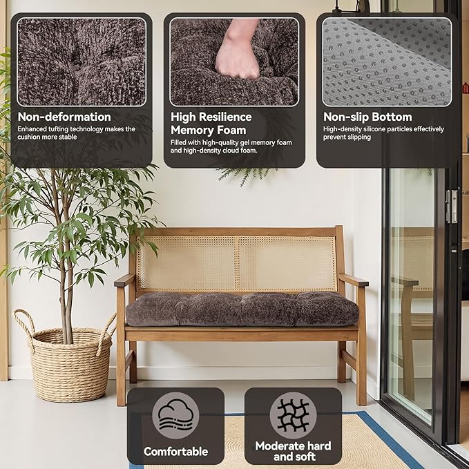 Bench Cushion 45 Inch - Luxury Chenille, High-Density Memory Foam, Non-Slip Bottom, Soft Durable Indoor Tufted Long Seat Cushion for Window Garden Furniture (Brown, 45x18x4 Inch)