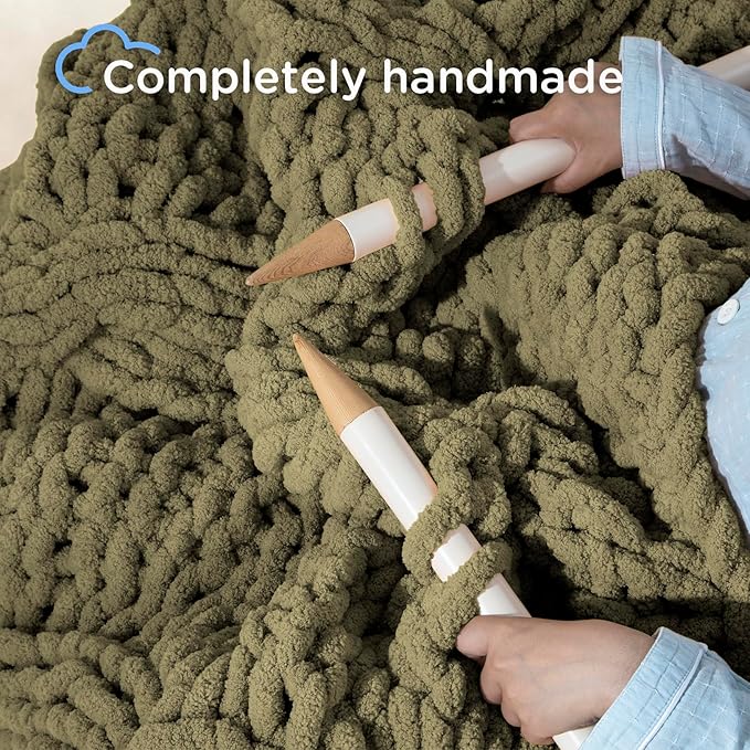 Chunky Knit Blanket Throw - 100% Hand Knitted Chunky Soft Throw Blanket for Couch, Thick and Warm Blanket for Winter, Olive Green, 40x50 Inches