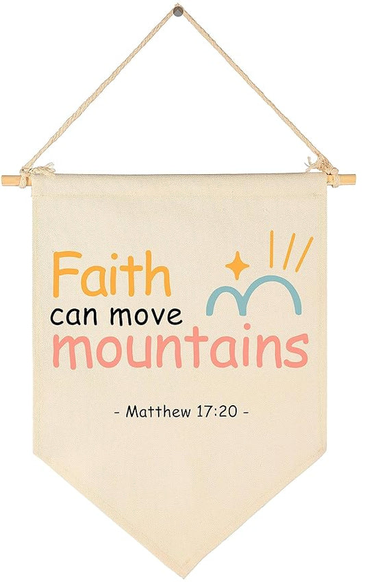 Christian Bible Verses Art-Scripture Flag Sign Gifts for Baby Newborn Boys Girls Kids-Banner Wall Decor Present for Nursery Bedroom Playroom Front Door-Baby Gift Shower-Faith Can Move Mountains