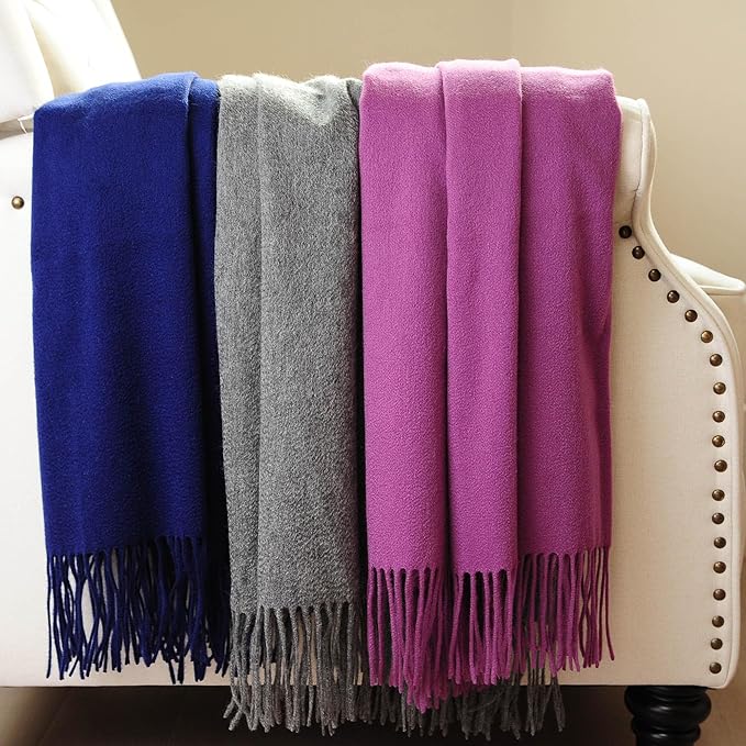 CUDDLE DREAMS Premium Cashmere Throw Blanket with Fringe, Luxuriously Soft (Navy)