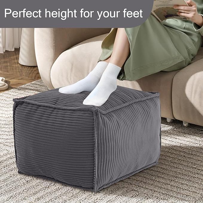 MeMoreCool Square Stuffed Pouf Ottoman Foot Rest, Corduroy Floor Pouf Foot Stool with Foam Chunk Filling, Soft Stuffed Ottoman Footrest for Living Room, Dark Grey