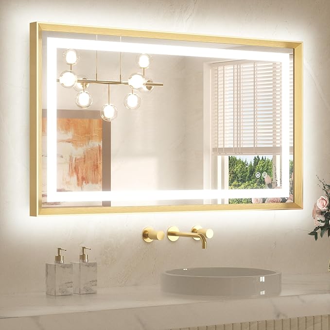 TETOTE 40 x 24 Led Mirror Brushed Gold Metal Frame Frontlit & Backlit Vanity Mirror Anti-Fog Stepless Dimmable 3 Colors White/Warm/Natural Wall Mirror with Lights Wall-Mounted