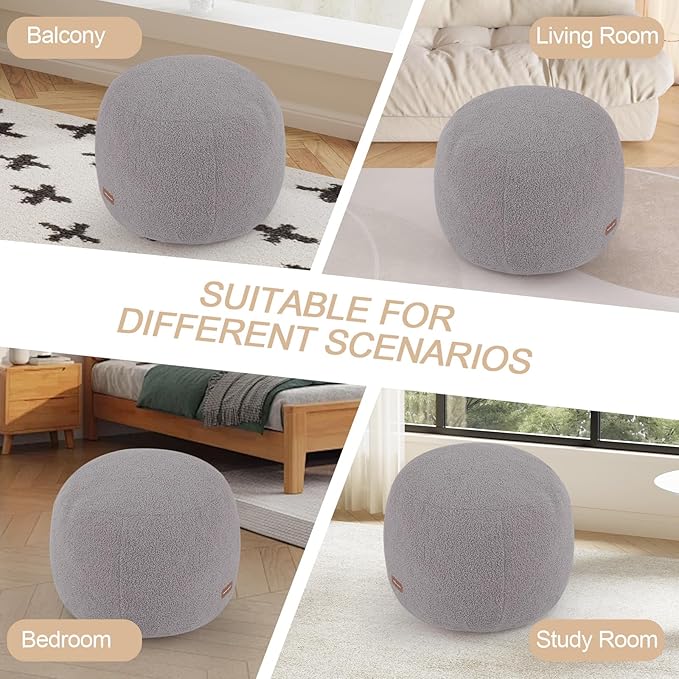 MeMoreCool Stuffed Round Pouf Ottoman Foot Rest, Floor Pouf Foot Stool with Soft Foam Chunk Filling, Small Round Ottoman Footstool Circle Footrest for Living Room, Light Grey