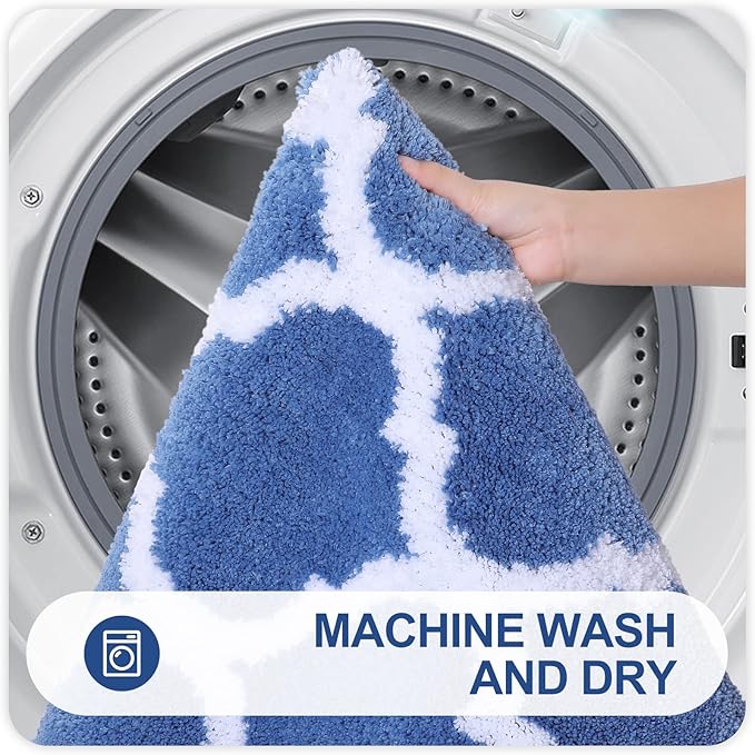 OLANLY Bathroom Rugs 24x16, Soft and Absorbent Microfiber Bath Rugs, Non-Slip Shaggy Shower Carpet, Machine Wash Dry, Bath Mats for Bathroom Floor, Tub and Shower, Blue