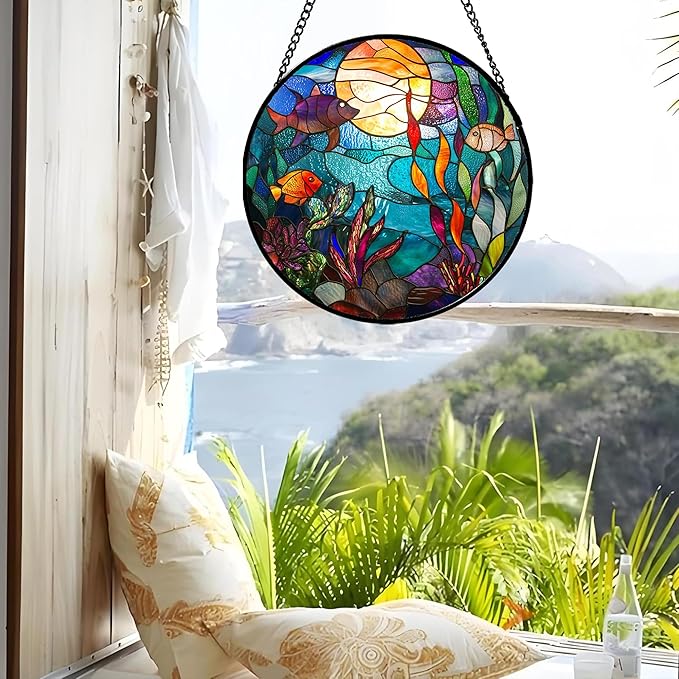 Stained Glass Window Hanging - Blue Ocean World Small Fish Coral Sun Catcher for Door Garden Home Decor Sea Suncatcher Christmas Mother's Day Birthday Gifts for Women Men Mom Nana 6.3 in