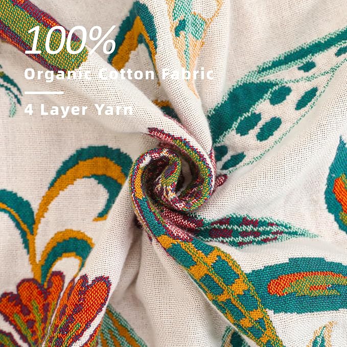 King Boho Throw Blanket for Bed, 100% Cotton Muslin Soft Throw-Floral Farmhouse Rustic Decor Blanket for Couch Sofa Quilt and Gift, 91" x 98"-BeigeWhite