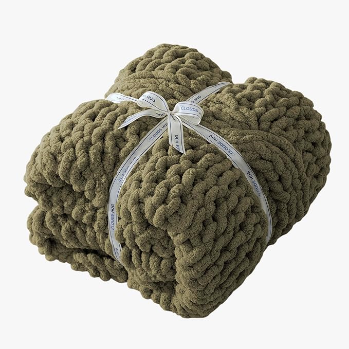 Chunky Knit Blanket Throw - 100% Hand Knitted Chunky Soft Throw Blanket for Couch, Thick and Warm Blanket for Winter, Olive Green, 40x50 Inches