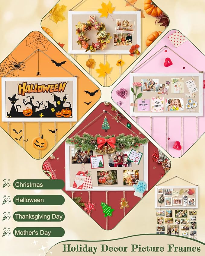 Bikoney Large Collage Picture Frame with Bulletin Board, Hanging Photo Display for Multiple Pictures, Wall Photo Organizer with 30 Clips & 6 Pushpins, Self Adhesive Hooks – No Drill Wood Photo Board for Room Decor