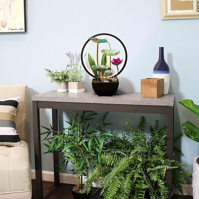 Indoor Tabletop Tiered Water Fountain 3 Level Tabletop Waterfall Meditation Fountain Includes Many Natural River Rocks LED Lights Relaxing Small Water Feature for Desk or Home Decor