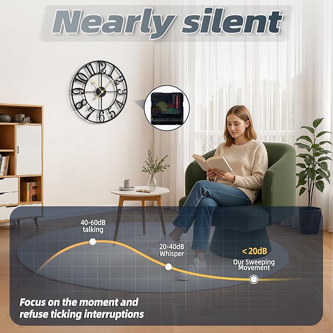 Large Wall Clocks for Living Room Decor, 18 Inch Round Black Metal Silent Non Ticking Battery Operated Jumbo Numerals Modern Vintage Decorative Clock Wall for Bedroom,Kitchen,Office,Farmhouse