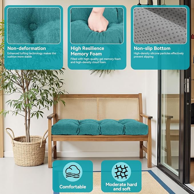 Bench Cushion 36 Inch - Chenille Fabric, High-Density Foam, Non-Slip Bottom, Soft Durable Indoor Tufted Long Seat Cushion for Window Garden Furniture (Sea Blue, 36x14x4 Inch)