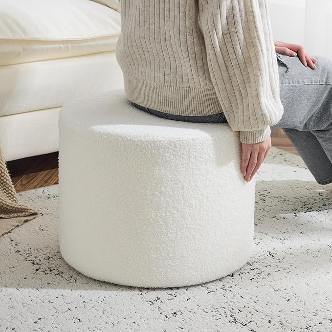 Bezseller Soft Boucle Pouf Ottoman, Comfortable Foot Rest, Full Foam Filling Footstool for Living Room, Bedroom, Lightweight Comfort and Charm Floor Poof Seating Perfect to Rest Your Feet, Beige