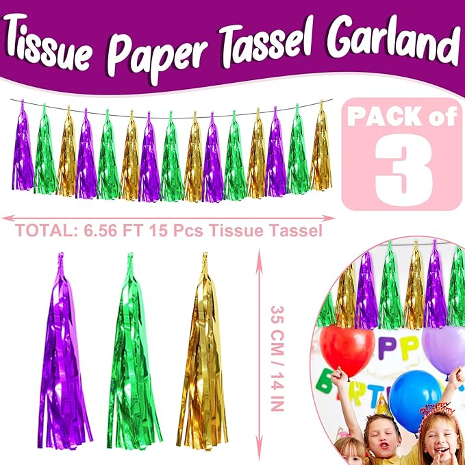 3P Purple Green Gold Foil Fringe Metallic Tassel Streamers Banner Tassel Garland for Parade Floats, Bachelorette, Wedding, Birthday, Halloween, Christmas, Bridal/Baby Shower Party Decorations