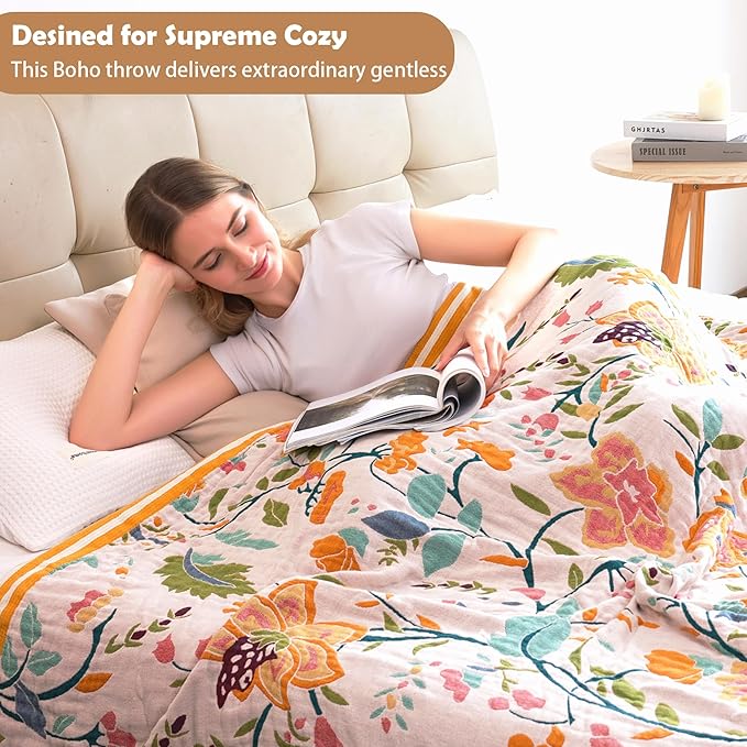 Boho Throw Blanket for Bed, 100% Organic Cotton Breathable Ultra Soft 60" x 80" Quilt Throw - All Season Floral Rustic Farmhouse Decor Luxury Reversible Blanket for Sofa Couch Chair and Gift