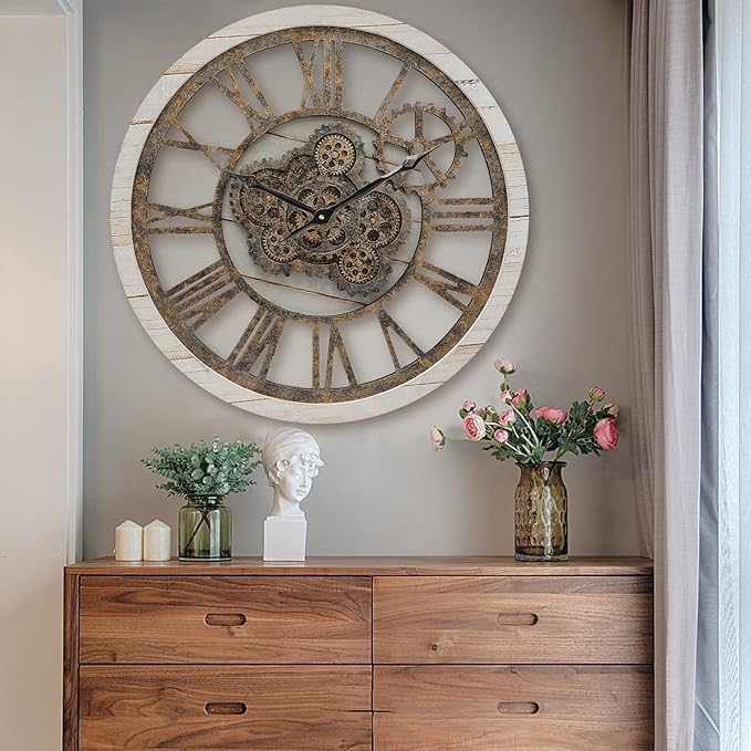 HOIBAI Large Wall Clock, Wall Clocks for Living Room Decor 20 Inch Farmhouse Vintage Rustic Kitchen Wall Decor Vintage Roman Oversized Wall Clock for Home Bedroom House Office, Moving Gears Clock
