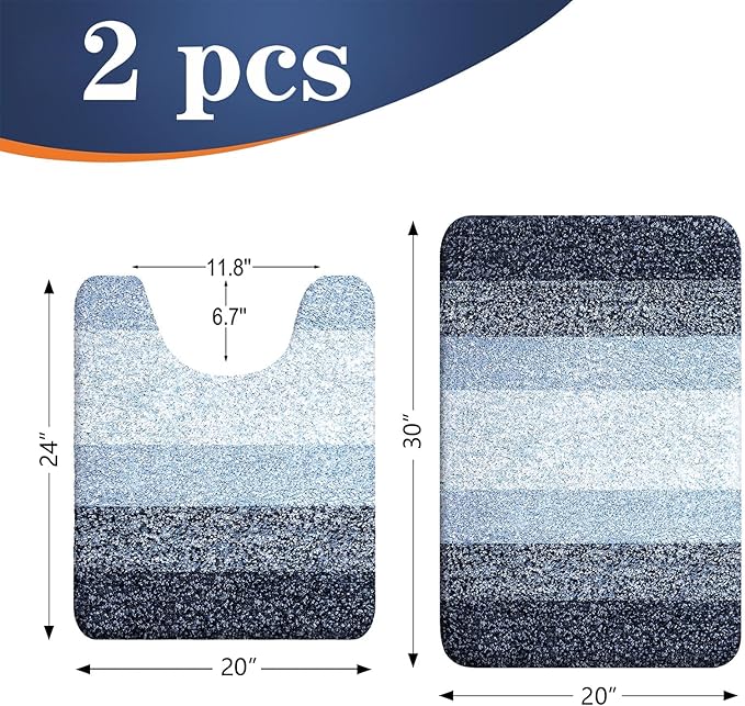 OLANLY Bathroom Rug Set 2 Piece, Soft Absorbent Microfiber Bath Mats and U-Shaped Contour Toilet Rug, Non-Slip, Machine Wash Dry, Plush Shaggy Bath Mats for Bathroom (30"x20"+24"x20", Dark Blue)