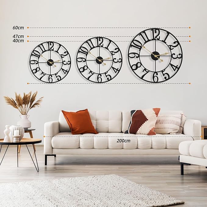 Large Wall Clocks for Living Room Decor, 24 Inch Round Black Metal Silent Non Ticking Battery Operated Jumbo Numerals Modern Vintage Decorative Clock Wall for Bedroom,Kitchen,Office,Farmhouse