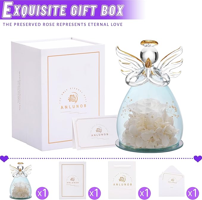 ANLUNOB Preserved Rose Birthday Gifts for Women Mom Grandma Wife, Glass Angel Figurines Gifts with Pretty White Flowers for Anniversary Wedding
