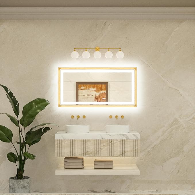 TETOTE 48 x 24 Bathroom LED Mirror Brushed Black Metal Frame Frontlit & Backlit Vanity Mirror Stepless Dimmable Anti-Fog 3 Colors White/Warm/Natural Light up Vanity Mirror Wall-Mounted