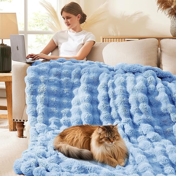 L'AGRATY Faux Fur Throw Blanket: 60" x 80" Luxury Soft Fluffy Rabbit Fur Blankets Twin for Couch Bed Sofa - Cozy Plush Bubble Blankets for Winter: Flannel Fleece Decorative Blanket(Airy Blue)