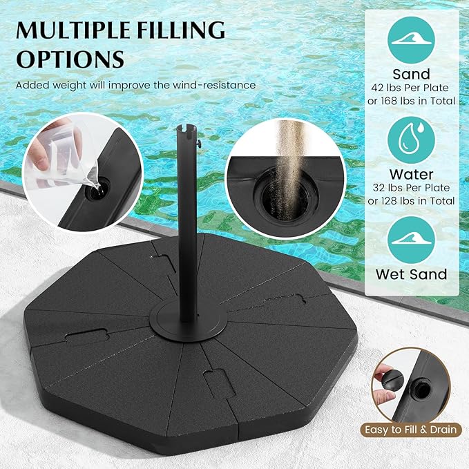 Tangkula 4-Piece Patio Umbrella Base, 208 lbs Heavy Duty Offset Cantilever Umbrella Stand, Water & Sand Fillable Hexagonal Base Plate Set for Garden Yard Poolside (Cross Base Not Included)