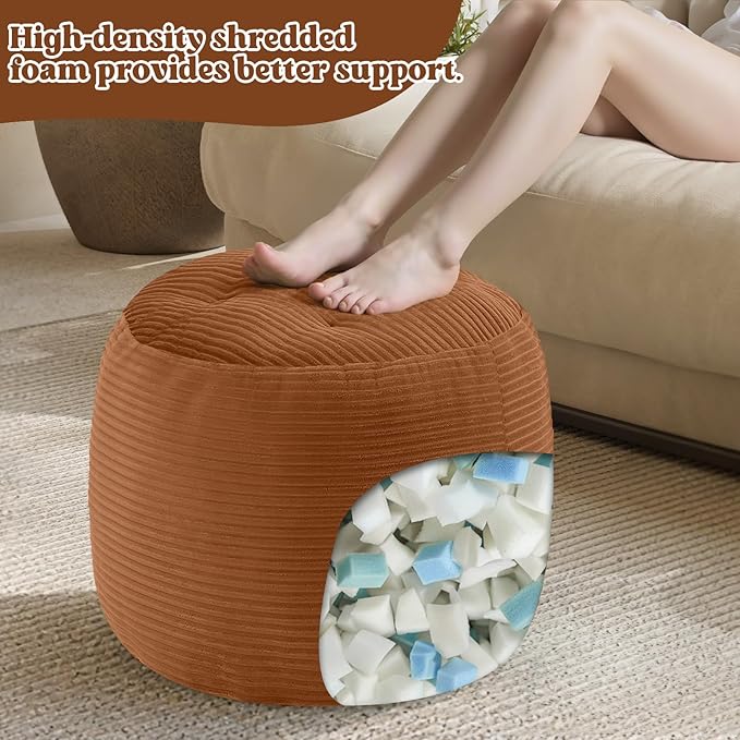 MeMoreCool Stuffed Round Pouf Ottoman Foot Rest, Floor Pouf Foot Stool with Soft Foam Chunk Filling, Round Small Ottoman Footstool Circle Footrest for Couch Living Room, Corduroy Coffee