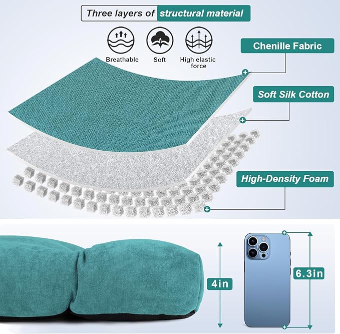 Bench Cushion 48 Inch - Chenille Fabric, High-Density Foam, Non-Slip Bottom, Soft Durable Indoor Tufted Long Seat Cushion for Window Garden Furniture (Teal, 48x16x4 Inch)