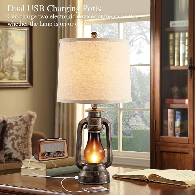 Farmhouse Rustic Table Lamps for Bedroom Set of 2, Vintage Lantern Lamp with Dual USB Charging Ports,25" Retro Antique Bedside Nightstand Desk Lamp for Living Room End Table Entryway, 4 Bulb Included