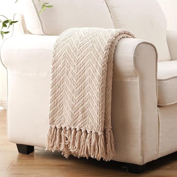 BATTILO HOME Beige Throw Blankets for Couch, Knitted Tan Throw Blanket for Twin Bed, Super Soft Warm Large Throws for Home Decor, 60" x 80"