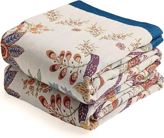 Boho Throw Blanket, 100% Organic Cotton Breathable Skin-Friendly Ultra Soft Bed Quilt Throw - All Season Floral Farmhouse Décor Luxury Blanket for Sofa Couch Chair and Gift. 50" x 60"