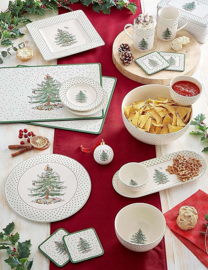 Spode Christmas Tree 2-Piece Polka Dot Chip and Dip Serving Set - 13-Inch Oval Plate with Dip Bowl - Festive Christmas Serveware, Durable Porcelain, Dishwasher, Microwave, Freezer Safe